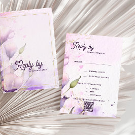 Cartão RSVP Romantic QR Code Lavender Gold Floral Wedding 