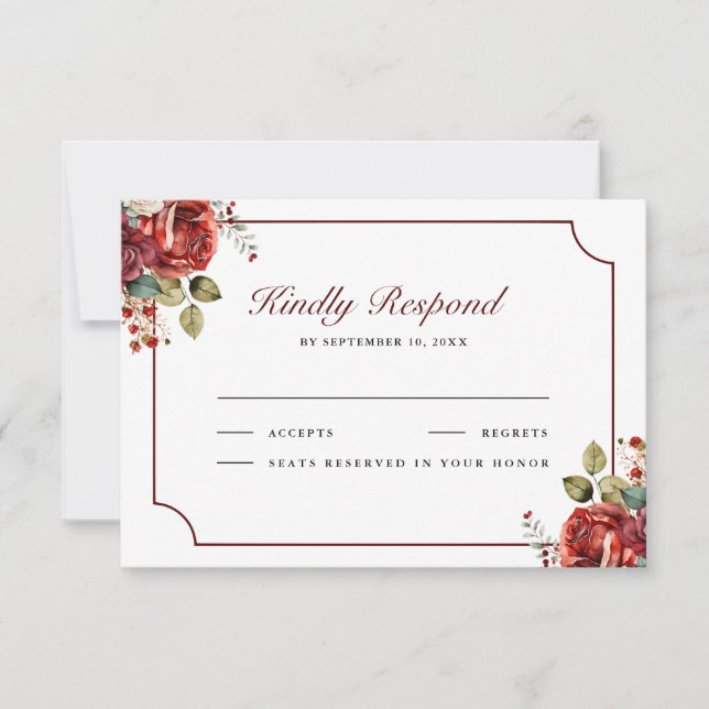 Cartão RSVP Romantic Red Roses Floral Wedding (Frente)