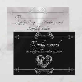 Cartão RSVP Romantic Silver Scroll Heart on Black