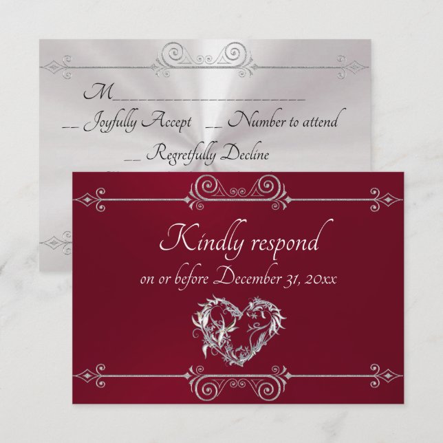 Cartão RSVP Romantic Silver Scroll Heart on Burgundy (Frente/Verso)