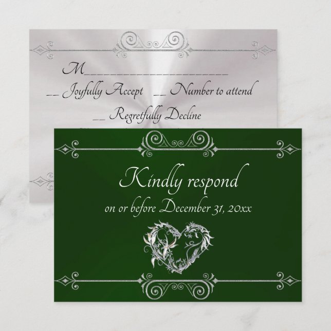 Cartão RSVP Romantic Silver Scroll Heart on Emerald (Frente/Verso)