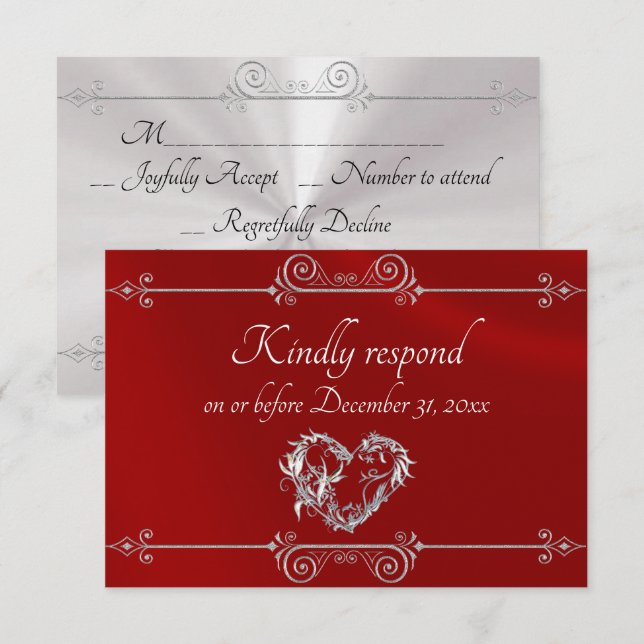 Cartão RSVP Romantic Silver Scroll Heart on Red (Frente/Verso)