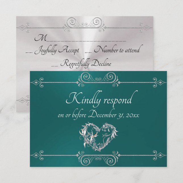 Cartão RSVP Romantic Silver Scroll Heart on Teal (Frente/Verso)