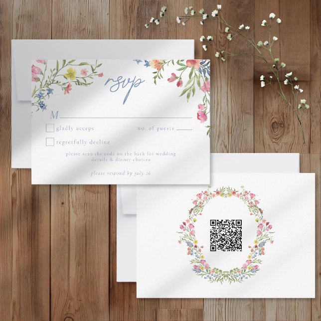Cartão RSVP Romantic Spring Wildflower Garden Wedding QR (Criador carregado)