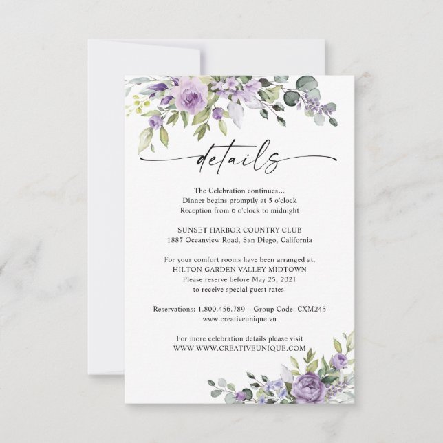 Cartão RSVP Romantic Violet Flowers Wedding Details Card (Frente)