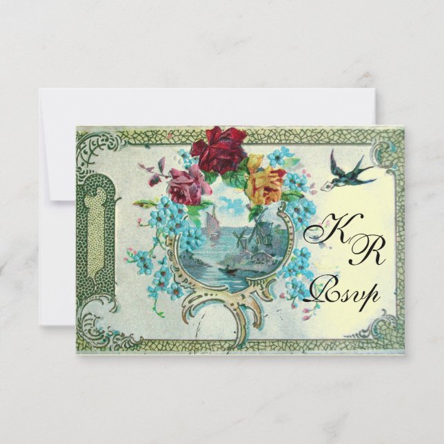 Cartão RSVP ROMANTİCA 3 FLORAL WEDDING MONOGRAM RSVP, metálico (Frente)