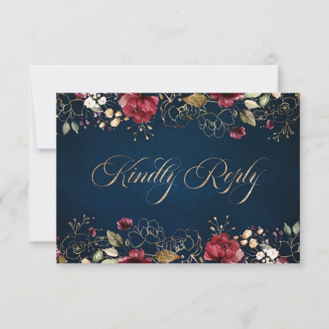 Cartão RSVP Romântica Aquarela Borgonha Dourada Marinho Vermel (Frente)