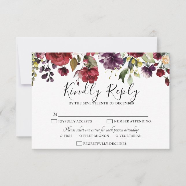 Cartão RSVP Romântica Aquarela Borgonha Vermelha Rosa Floral (Frente)