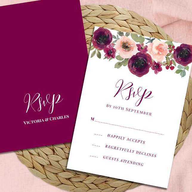 Cartão RSVP Romântica Borgonha Aquarela Floral (Criador carregado)