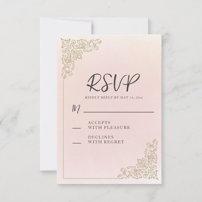 Cartão RSVP Romântica Elegante - Rosa Esbranquiçado Dourado (Frente)
