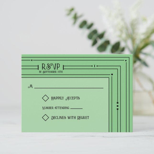 Cartão RSVP Romântica Vintage Inspirou Casamento Verde Pálido (Em pé/Frente)