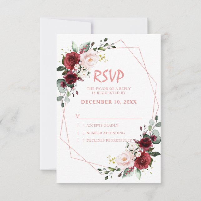 Cartão RSVP Romântico Aquarela Bordô Floral Geométrico Rosa (Frente)