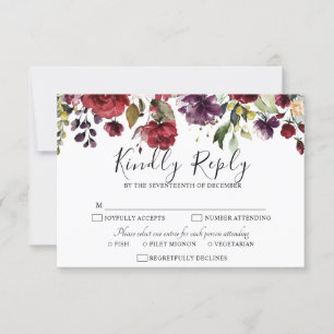 Cartão RSVP Romântico Aquarela Rosa Floral Vermelho Borgonha