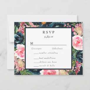 Cartão RSVP Romântico Azul Naval Bege Rosa Floral