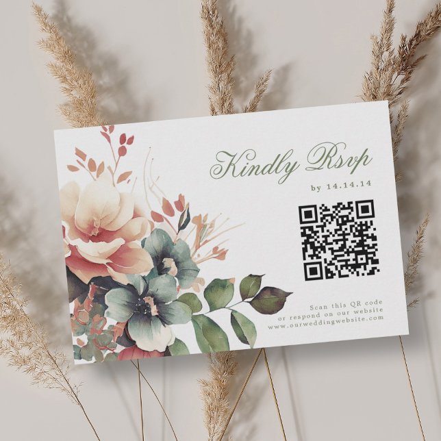 Cartão RSVP Romântico Boho outono Casamento Floral de outono R (Romantic Boho Fall Autumn Floral Wedding RSVP QR)