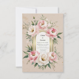 Cartão RSVP Romântico Boho – Peônias Rosa e Folhagens