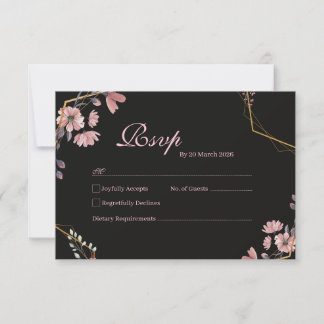 Cartão RSVP Romântico Preto Blush Rosa Floral