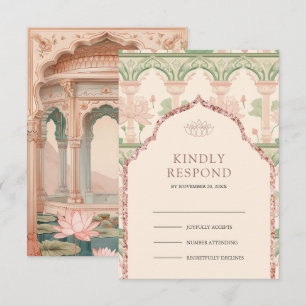 Cartão RSVP Rosa Bege Verde Menta Jardim de Lótus Casamento In