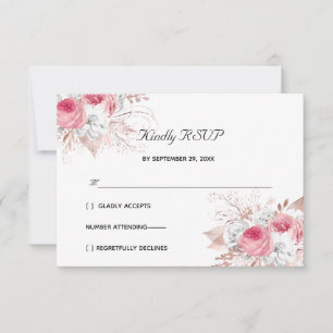 Cartão RSVP Rosa Branco Dourado Rosa Floral Formal Elegante Ca
