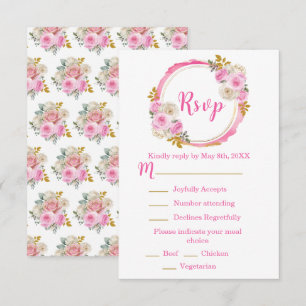 Cartão RSVP Rosa Brilhante e Dourado Elegante Flores Sweet Six