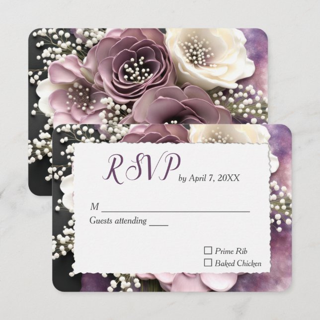 Cartão RSVP Rosa de Casamento Mauve com Design de Respiração d (Frente/Verso)