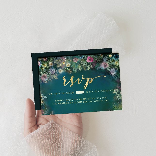 Cartão RSVP Rosa de Floresta Encantada Greenerescência Fada Wo (enchanted forest sweet sixteen rsvp reply respond roses greenery fairy woodland calligraphy gold)