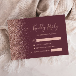 Cartão RSVP Rosa Dourada Moderna com Brilho na Borda Burgundy 