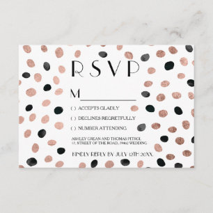 Cartão RSVP Rosa dourado, pontos de aquarela preta, casamento 