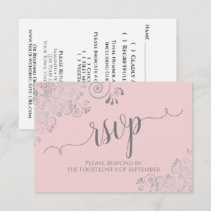 Cartão RSVP Rosa e Cinza Elegante Caligrafia Delicada Noiva