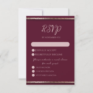 Cartão RSVP Rosa Elegante moderno Dourado brilho e borgonha