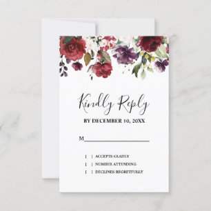 Cartão RSVP Rosa Floral Românico Vermelho Borgonha Romântico