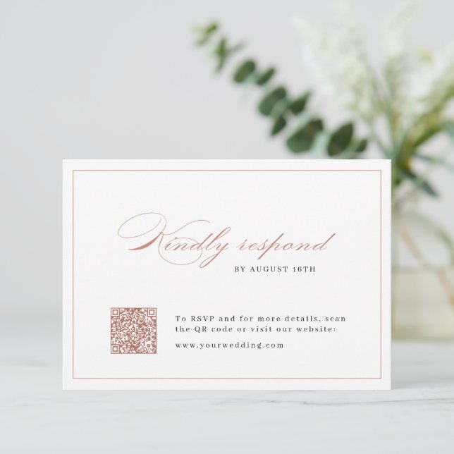 Cartão RSVP Rosa Gold Classic Elegance Script QR code casament (Em pé/Frente)