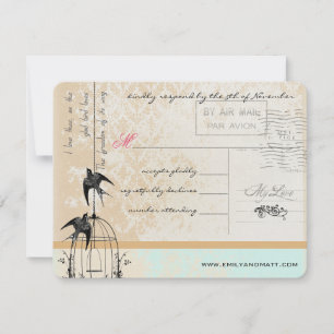 Cartão RSVP Rosa Hortelã Dourado Luxuoso Damask Jaula de Pássa