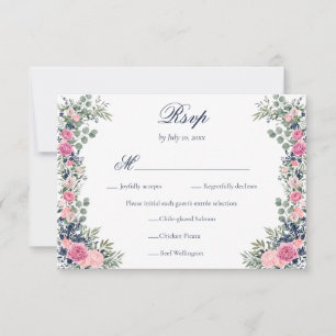 Cartão RSVP Rosa Naval Azul Floral Verde Casamento Refeição