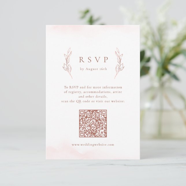 Cartão RSVP Rosa ouro simples, elegante, código QR botânico ca (Em pé/Frente)