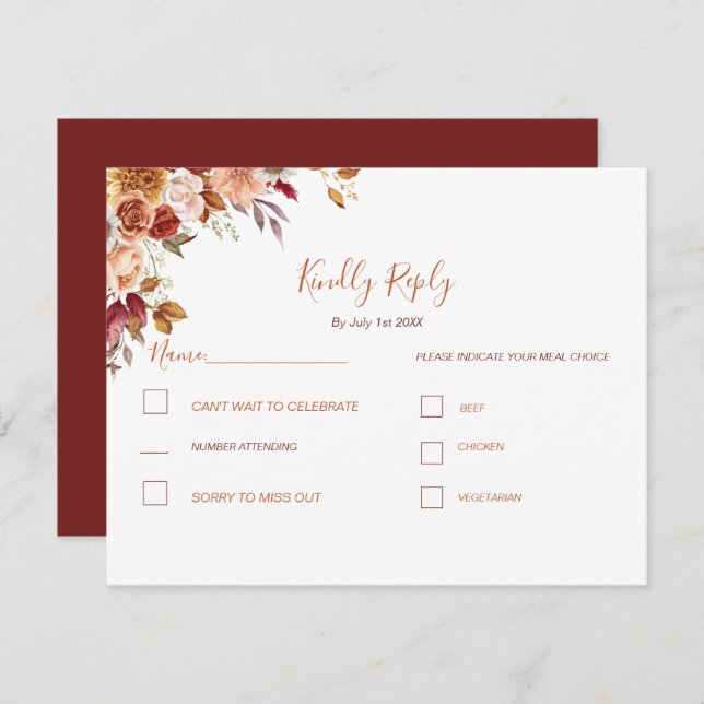 Cartão RSVP Rosa russo e Casamento outono de crisântemo (Frente/Verso)