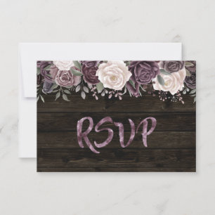 Cartão RSVP Rosa Rústico com Púrpura Floral em Madeira Escura
