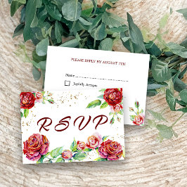 Cartão RSVP Rosa vermelha Elegante Garlands Aquarela Branco Fl