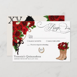 Cartão RSVP Rosa vermelha Floral Mariachi Quinceanera