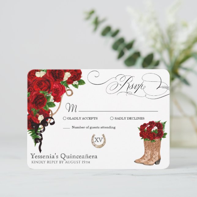 Cartão RSVP Rosa vermelha Floral Mariachi Quinceanera (Em pé/Frente)