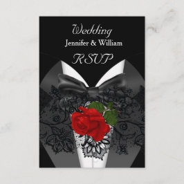 Cartão RSVP Rosa vermelha Profunda de Tuxedo Preto de Casament
