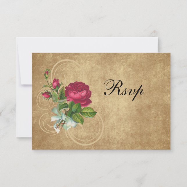 Cartão RSVP Rosa Vintage Elegante, Magenta/Marrom (Frente)