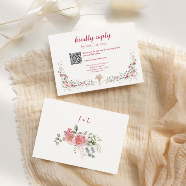 Cartão RSVP Rosa Watercolor e Casamento Cruzado Cristão (RSVP Wedding Card Rose Watercolor with Cross)
