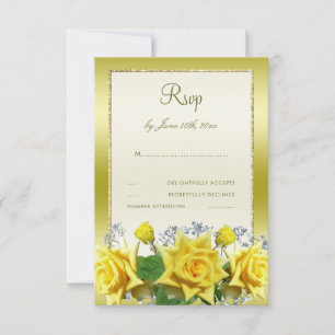 Cartão RSVP Rosas Amarelas e Glitters Dourados de Aniversário