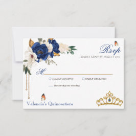 Cartão RSVP Rosas azuis Dourados Tiara Quinceanera