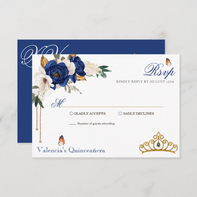 Cartão RSVP Rosas azuis Dourados Tiara Quinceanera (Frente/Verso)