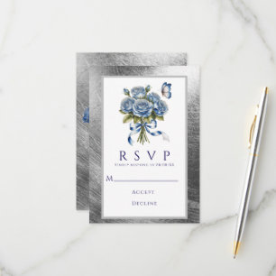 Cartão RSVP Rosas Azuis Elegantes Borboleta Casamento Prata