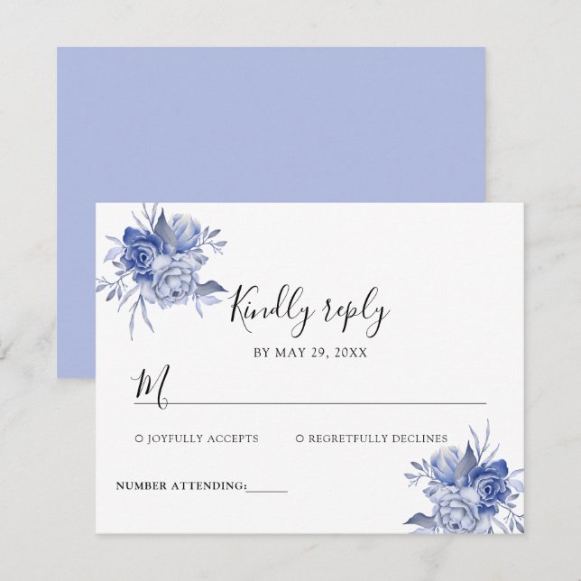 Cartão RSVP rosas azuis empoeiradas rústicas e outras flores (Frente/Verso)