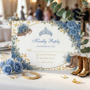 Cartão RSVP Rosas Azuis Ocidentais Douradas Quinceañera Countr