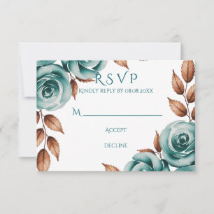 Cartão RSVP Rosas Azul-verde e Folhas de Bronze Casamento